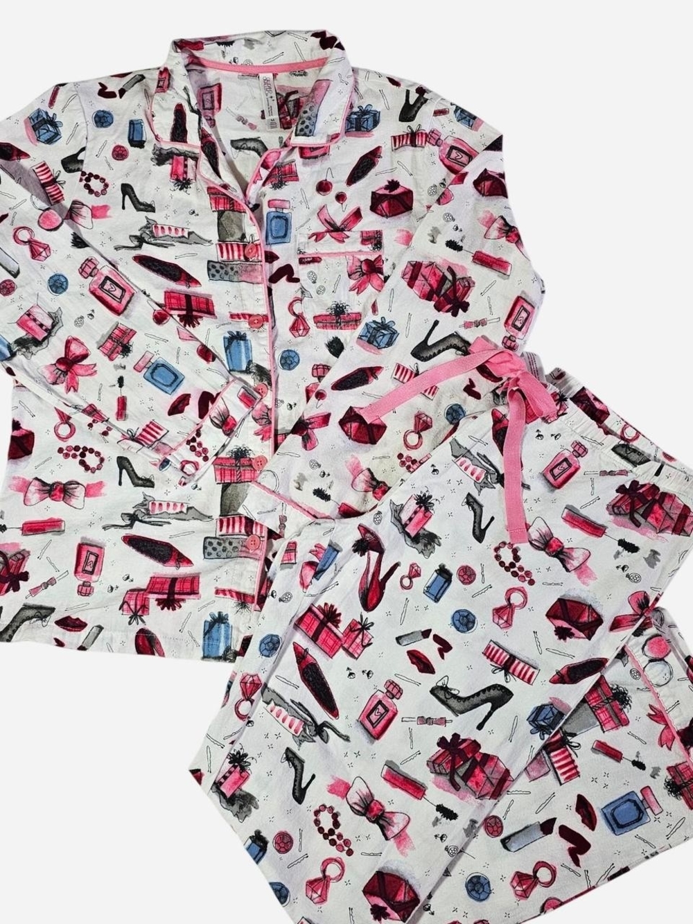 Gilligan & O'Malley White Pajama Set with Pink and Blue Fashion Print